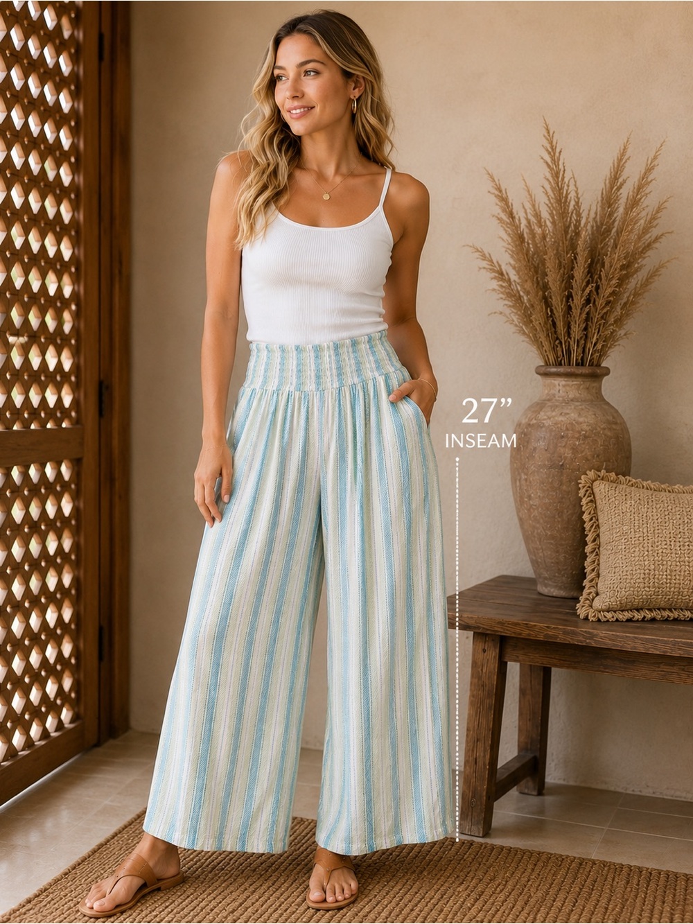 Simply Southern Blue Green Stripe Smocked Wide Leg Palazzo Pants One Size